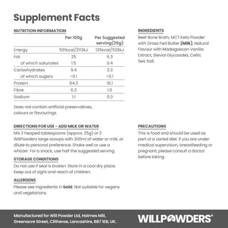 Nutritional Information table for Madagascan Vanilla with Celtic Sea Salt Protein Powder Pouch