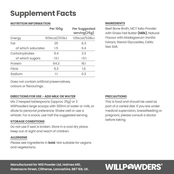 Nutritional Information table for Madagascan Vanilla with Celtic Sea Salt Protein Powder Pouch