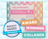 Award Winning WillPowders Collagen Peptides Powder Travel Sachets, with a badge for winning the beauty supplement awards and the white text Award Winning Collagen