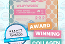 Award Winning WillPowders Collagen Peptides Powder Travel Sachets, with a badge for winning the beauty supplement awards and the white text Award Winning Collagen