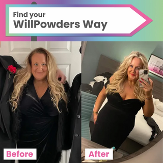 Before and after photos of WillPowders customer highlighting the impact of protein