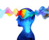 A watercolor painting shows a blue-toned human silhouette with a head filled with a spectrum of smoothly transitioning colors, resembling a brainwave
