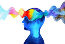 A watercolor painting shows a blue-toned human silhouette with a head filled with a spectrum of smoothly transitioning colors, resembling a brainwave