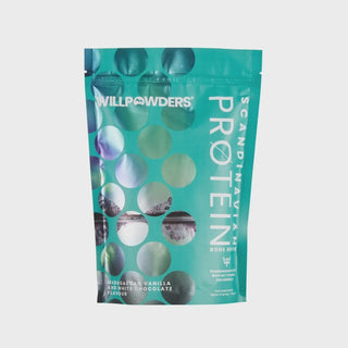 Green packaging rotating around with silver circles on the left for Scandinavian protein bone broth that is madagascan vanilla and white chocolate flavoured.