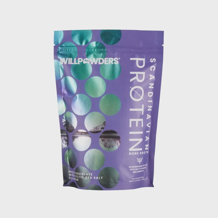 Purple packaging rotating around with green circles on the left for Scandinavian protein bone broth that is milk chocolate with celtic sea salt flavoured