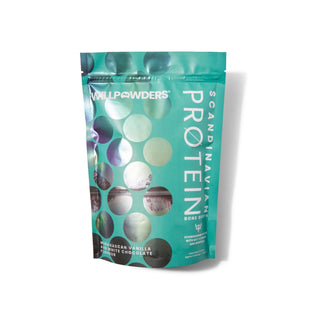 Green packaging photo with silver circles on the left for Scandinavian protein bone broth that is madagascan vanilla and white chocolate flavoured.